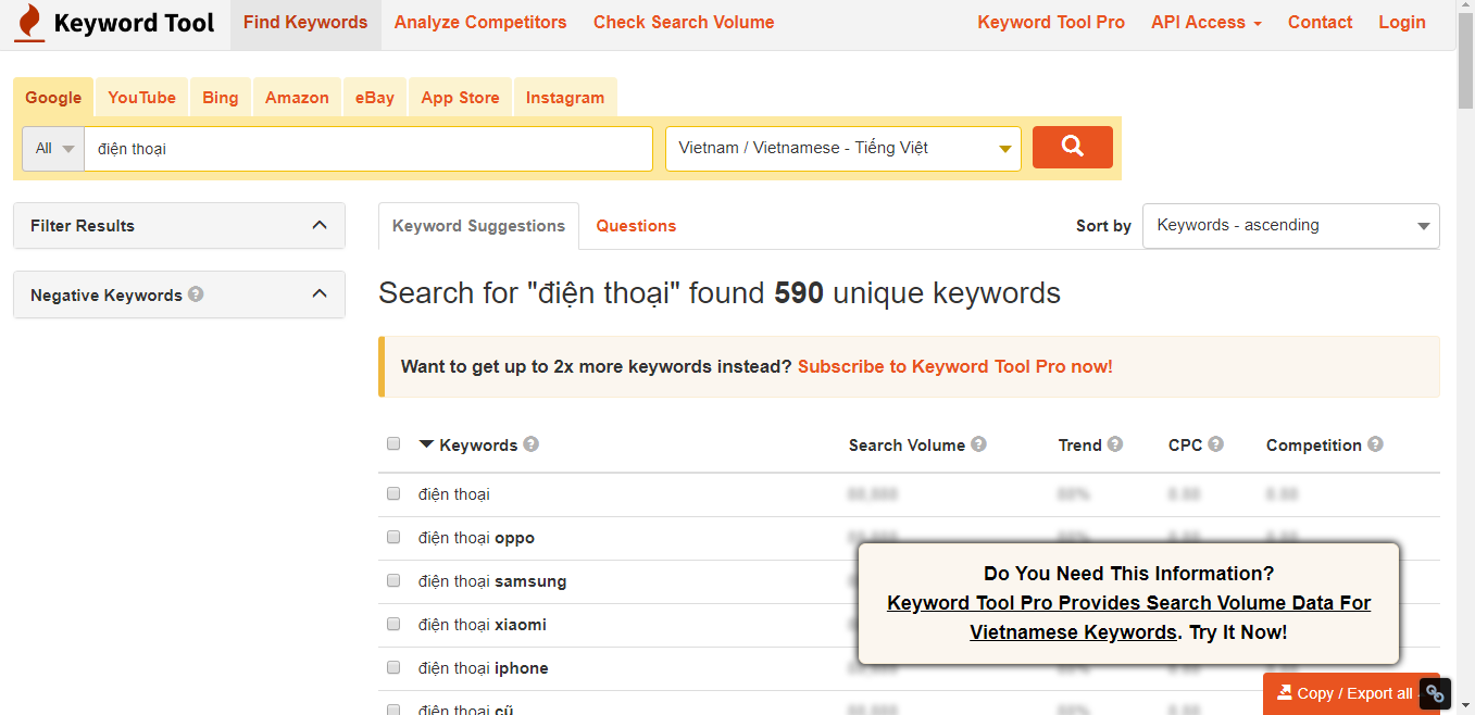 KeywordTool.io là một công cụ nghiên cứu từ khóa khá hiệu quả trong việc tìm kiếm keyword long tail
