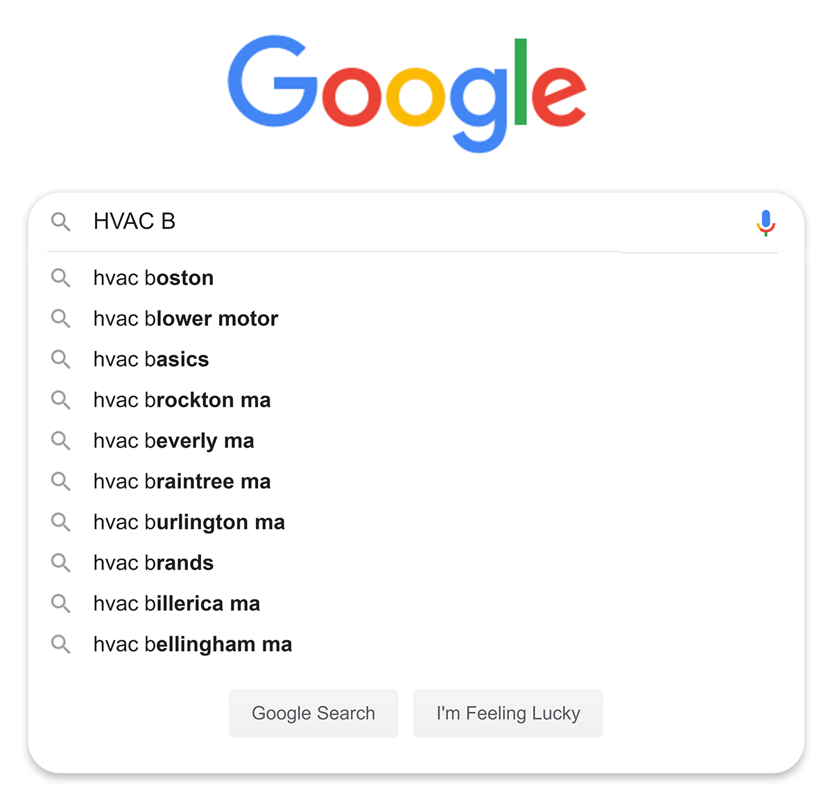 Google suggestions for local "HVAC B" search