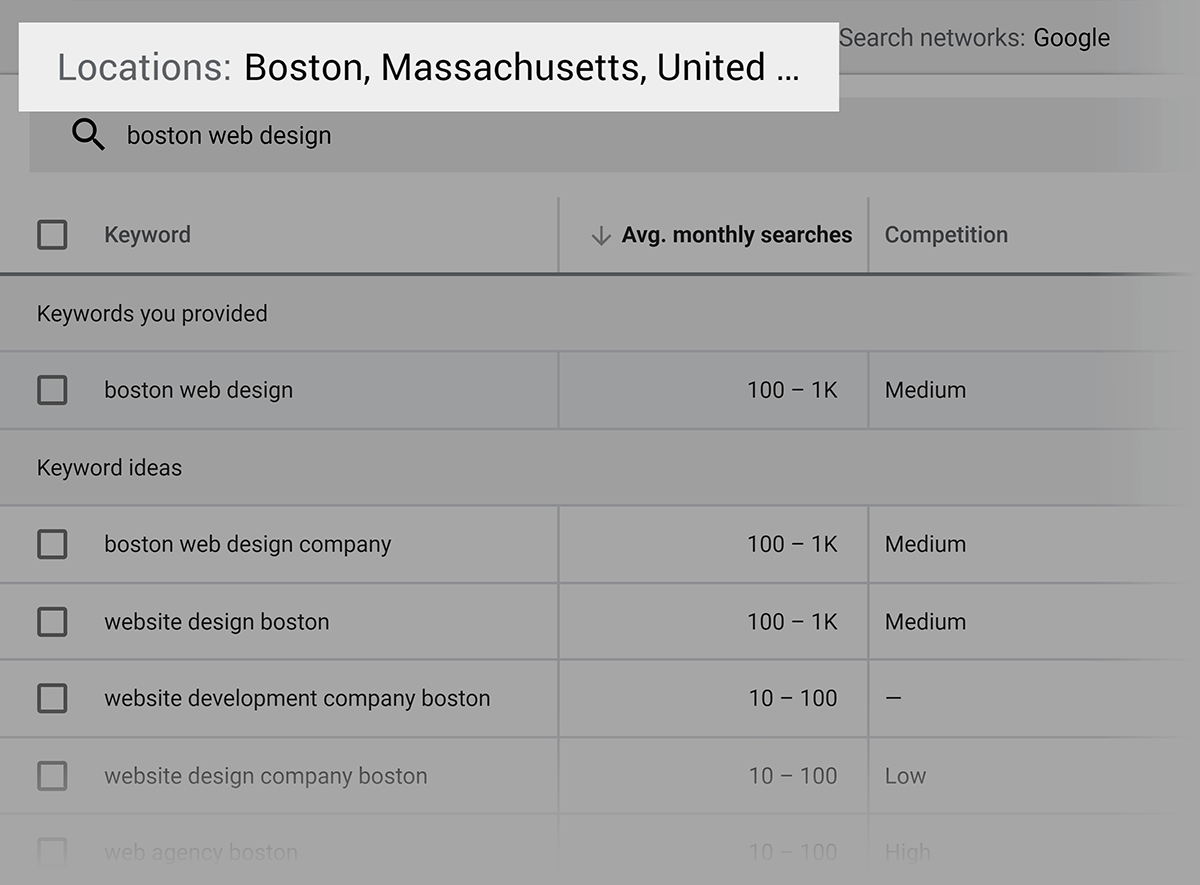 Keyword Planner – Local results for "boston web design"