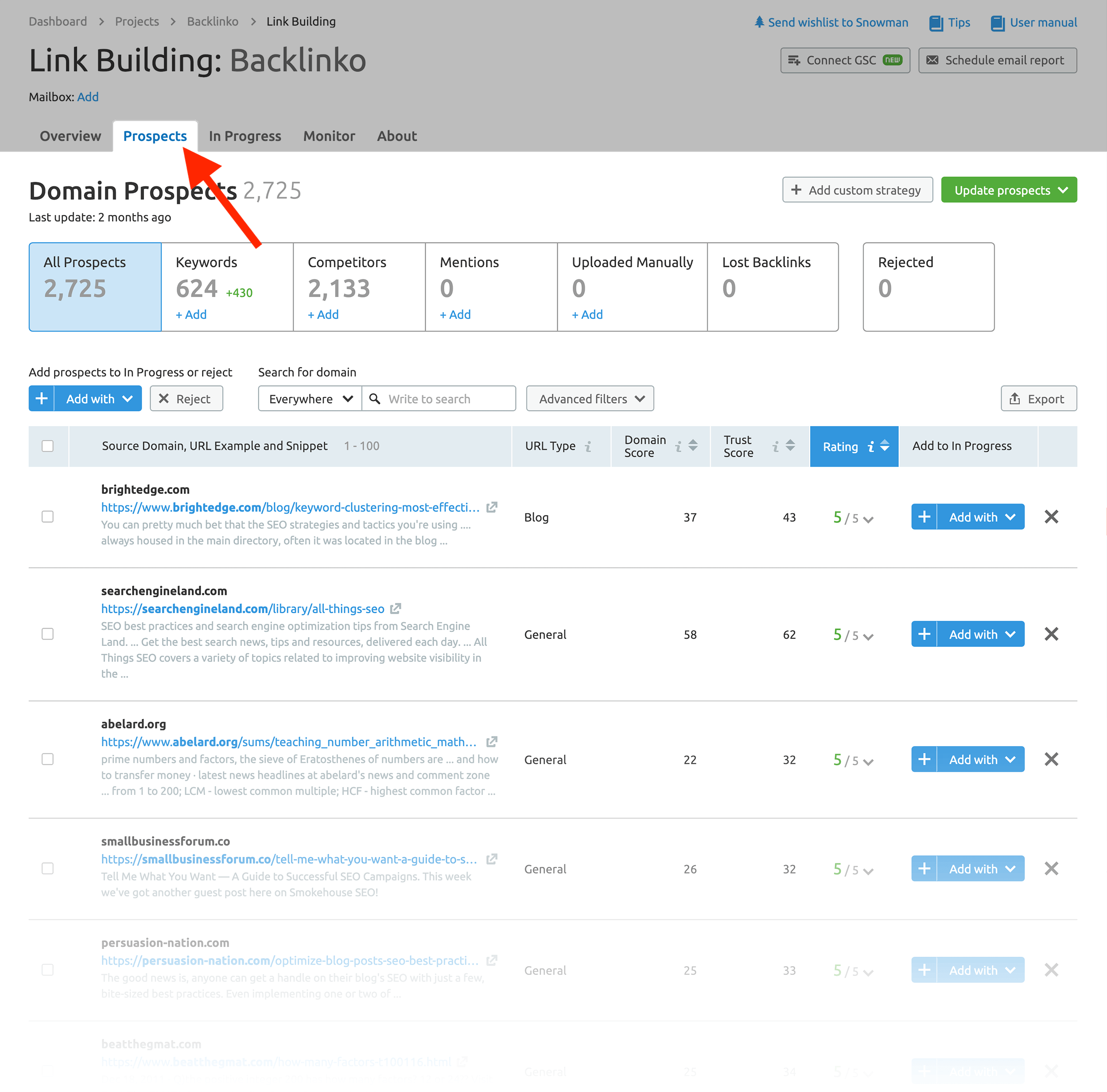 Link building tool – Prospect list