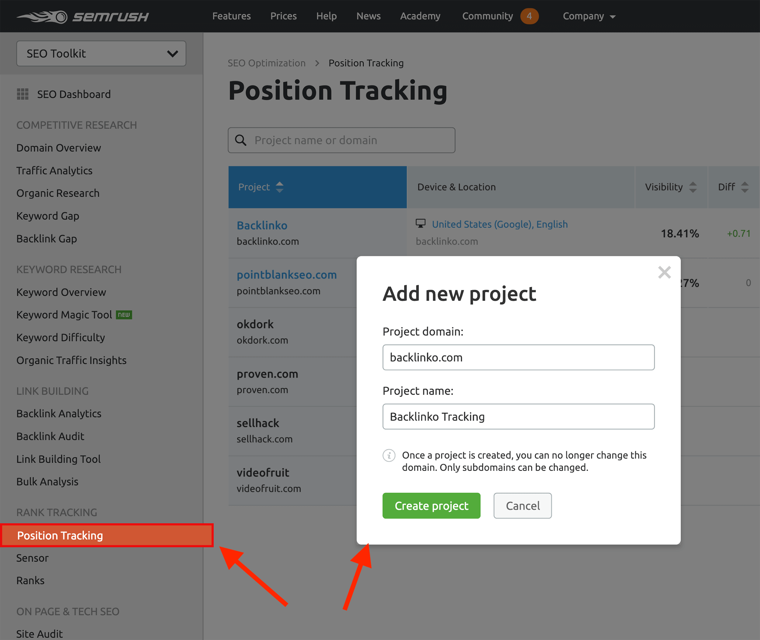 SEMRush – Position tracking – New project