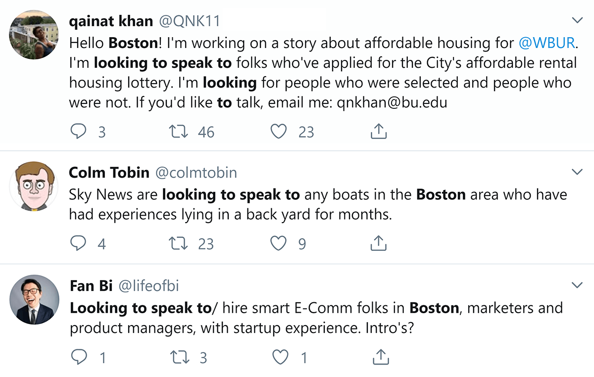 Twitter results for "looking to speak to" Boston