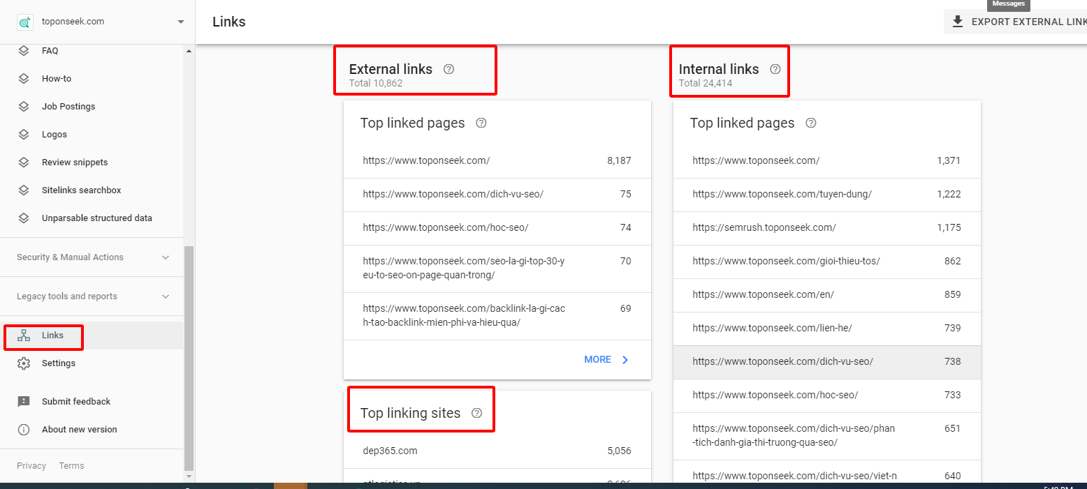 Báo cáo liên kết (Links) trên Google Webmaster Tool