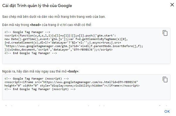 Mã cài đặt của Google Tag Manager vào mã nguồn trang web