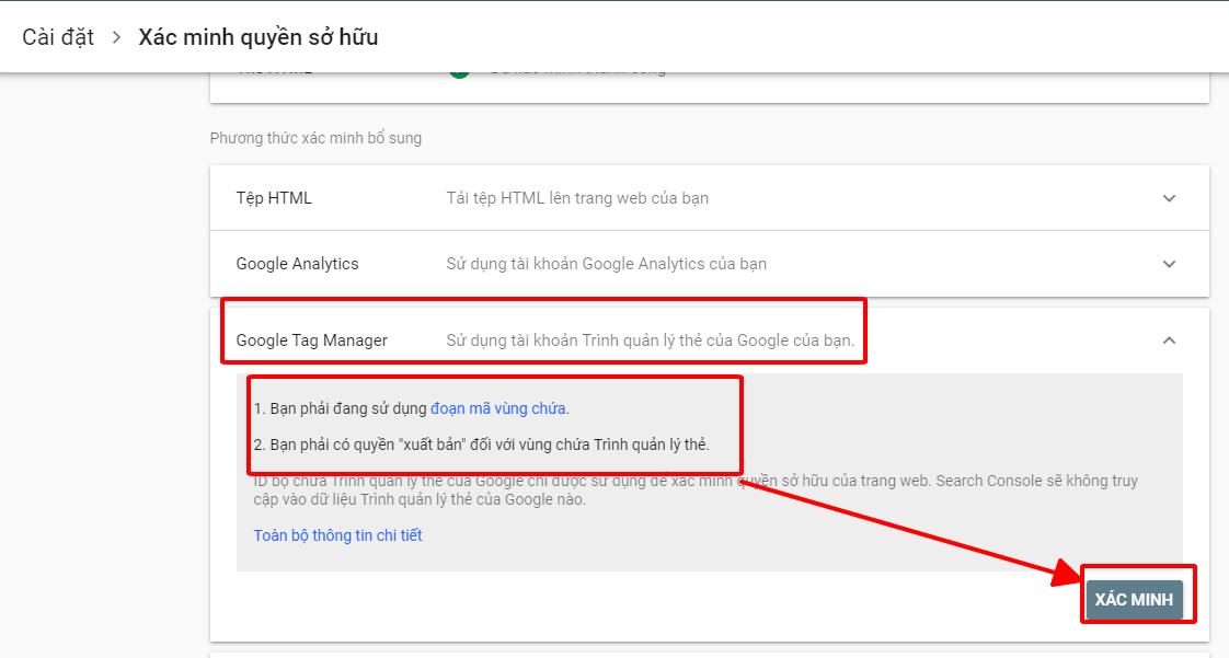 Xác minh GWT (Google Search Console) bằng Google Tag Manager