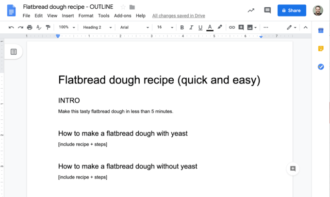 nếu chúng tôi đang viết một công thức nhào bột, chúng tôi có thể muốn đề cập đến tốc độ trong phần giới thiệu và chúng tôi có thể muốn có các phần riêng biệt để tạo ra bánh mì dẹp và không có men.
