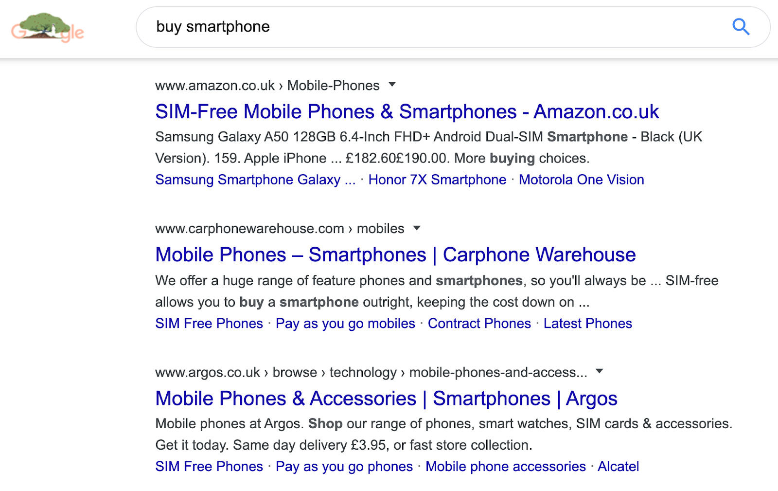các trang xếp hạng hàng đầu cho “mua điện thoại di động” là tất cả các trang chuyên mục thương mại điện tử: