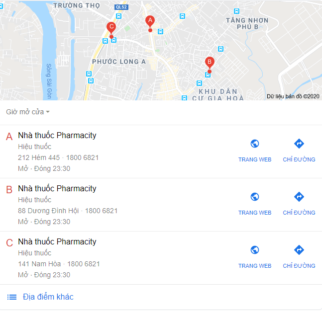 tìm kiếm “pharmacy” có thể trả lại một gói địa phương hiển thị vị trí của các hiệu thuốc gần nhất và thông tin liên hệ của họ. 