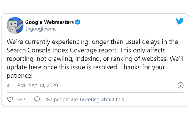 Tweet của Google xác nhận sự cố lỗi công cụ Search Console