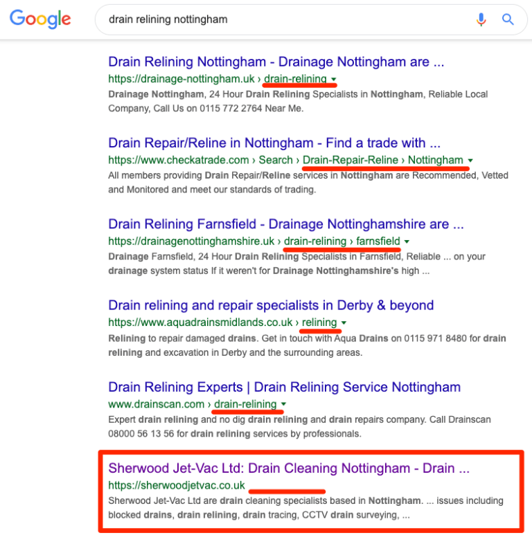 Kết quả tìm kiếm dịch vụ thoát nước ở nottingham trên Google