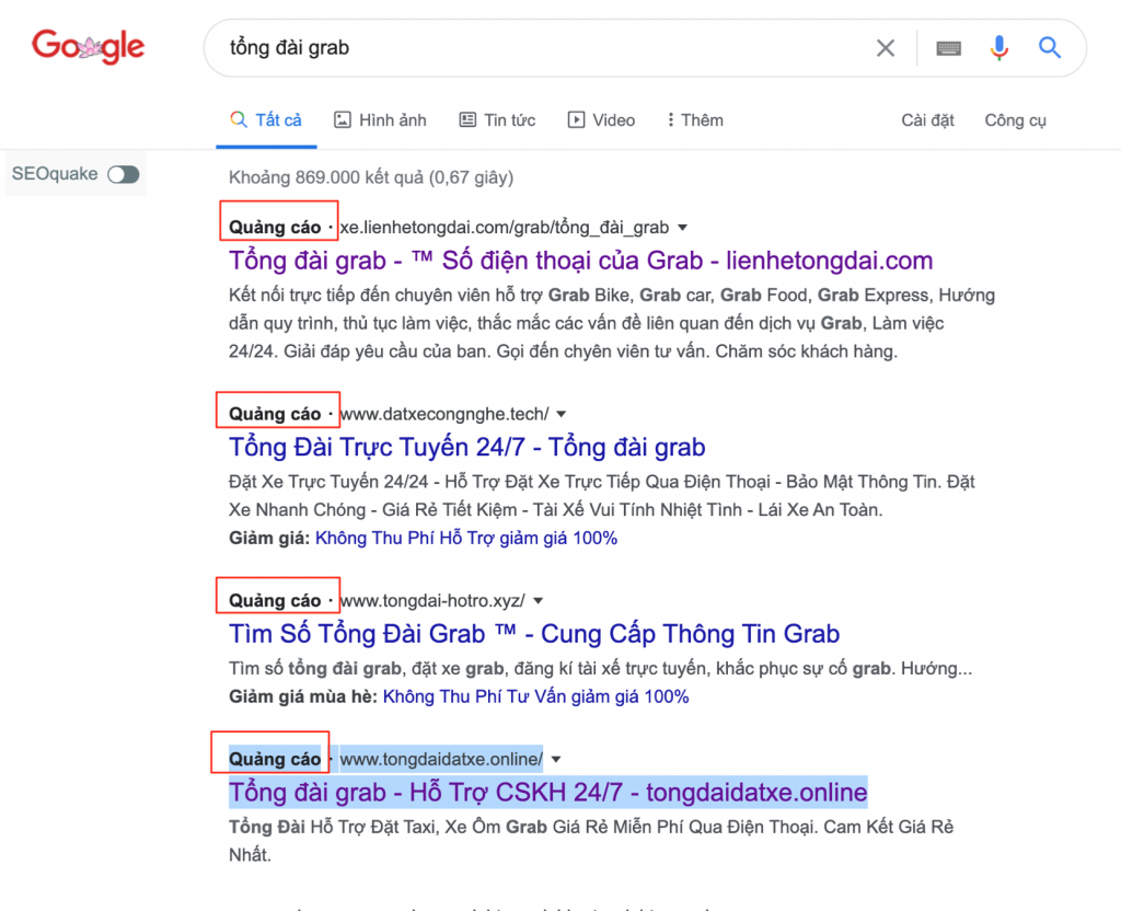 Hình ảnh ghi nhật một số website quảng cáo giả mạo tổng đài Grab trên Google