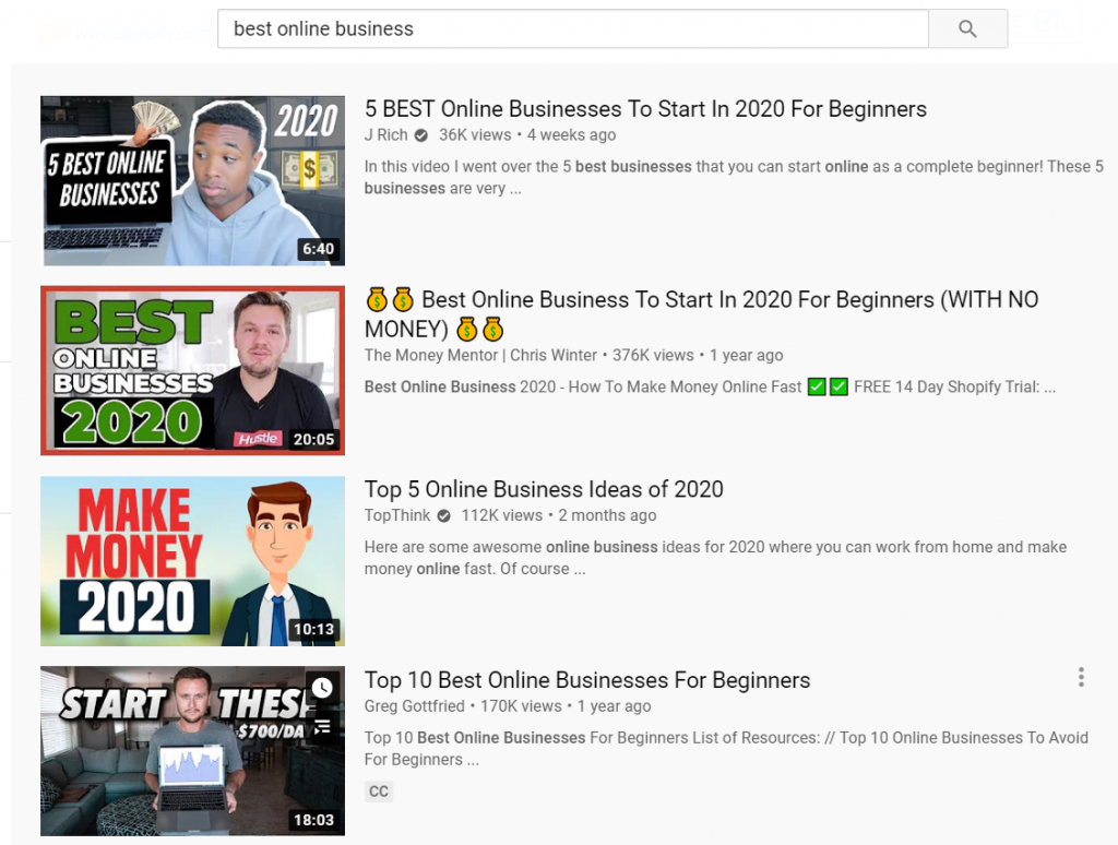 Tìm kiếm best online business trên youtube