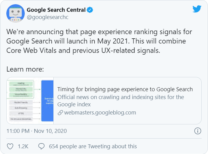 Google thông báo trên Twitter về Core Web Vitals