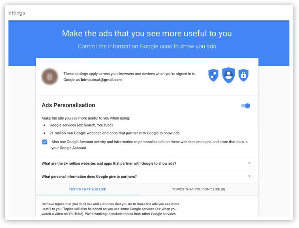 Tùy chọn & Quyền riêng tư của Tài khoản Google: Cài đặt Quảng cáo
