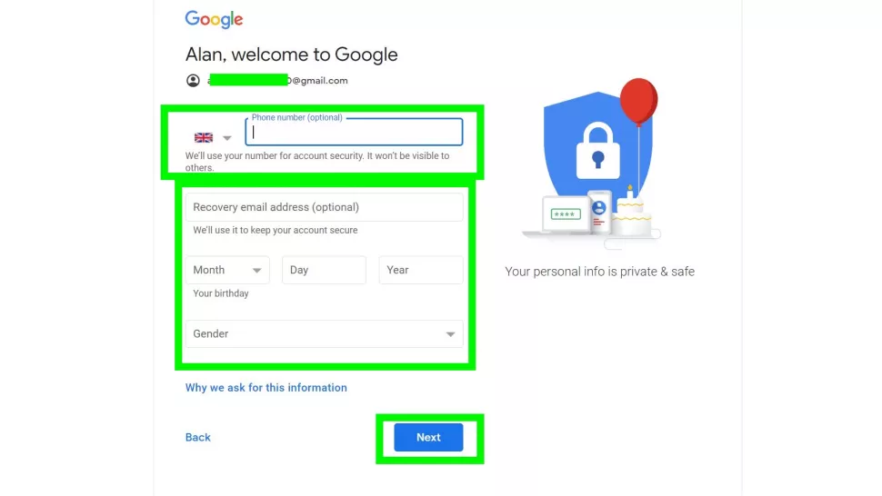 Điền thông tin cá nhân vào trang đăng ký gmail 