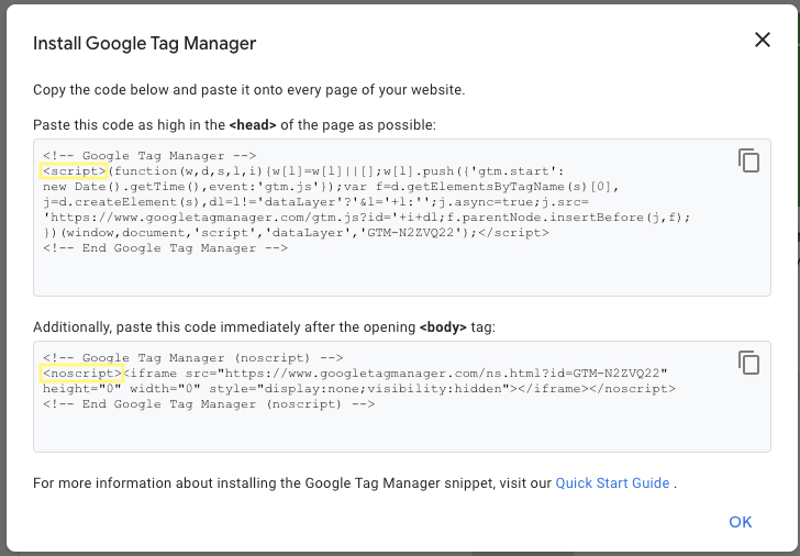 Gắn code theo gợi ý của Google tag manager ga4 lên trang Web
