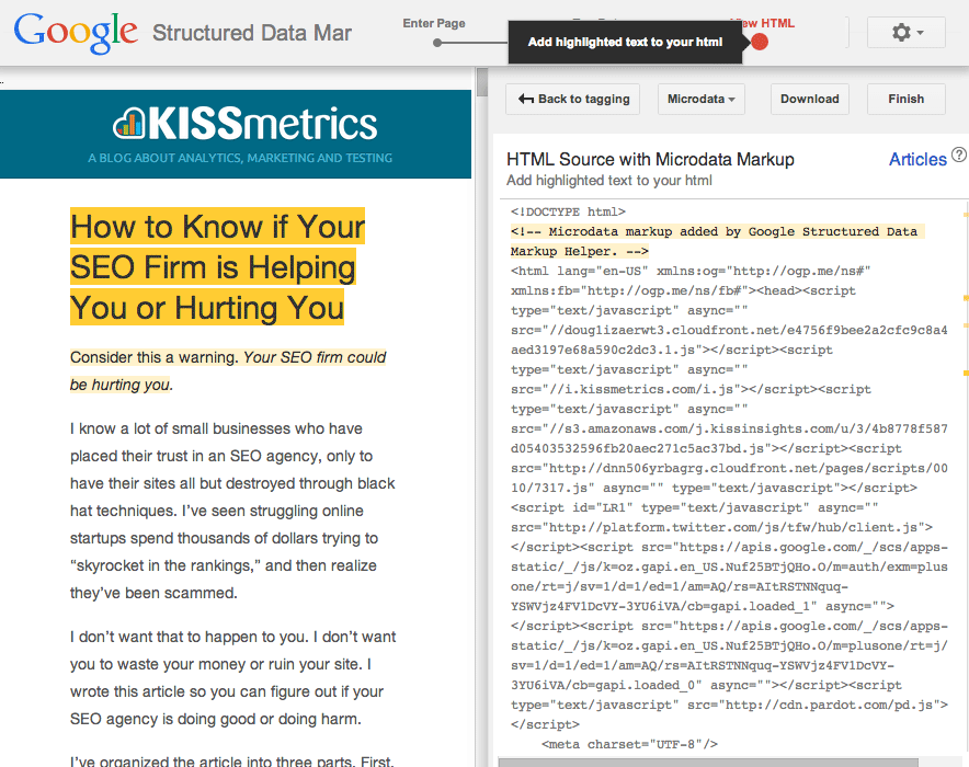 Bạn sẽ thấy HTML của trang với microdata có liên quan