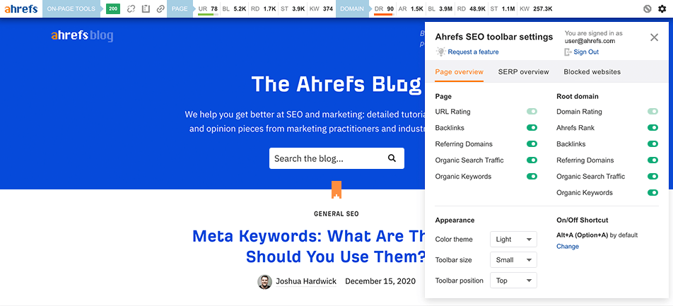 Ahrefs Toolbar - technical seo cơ bản